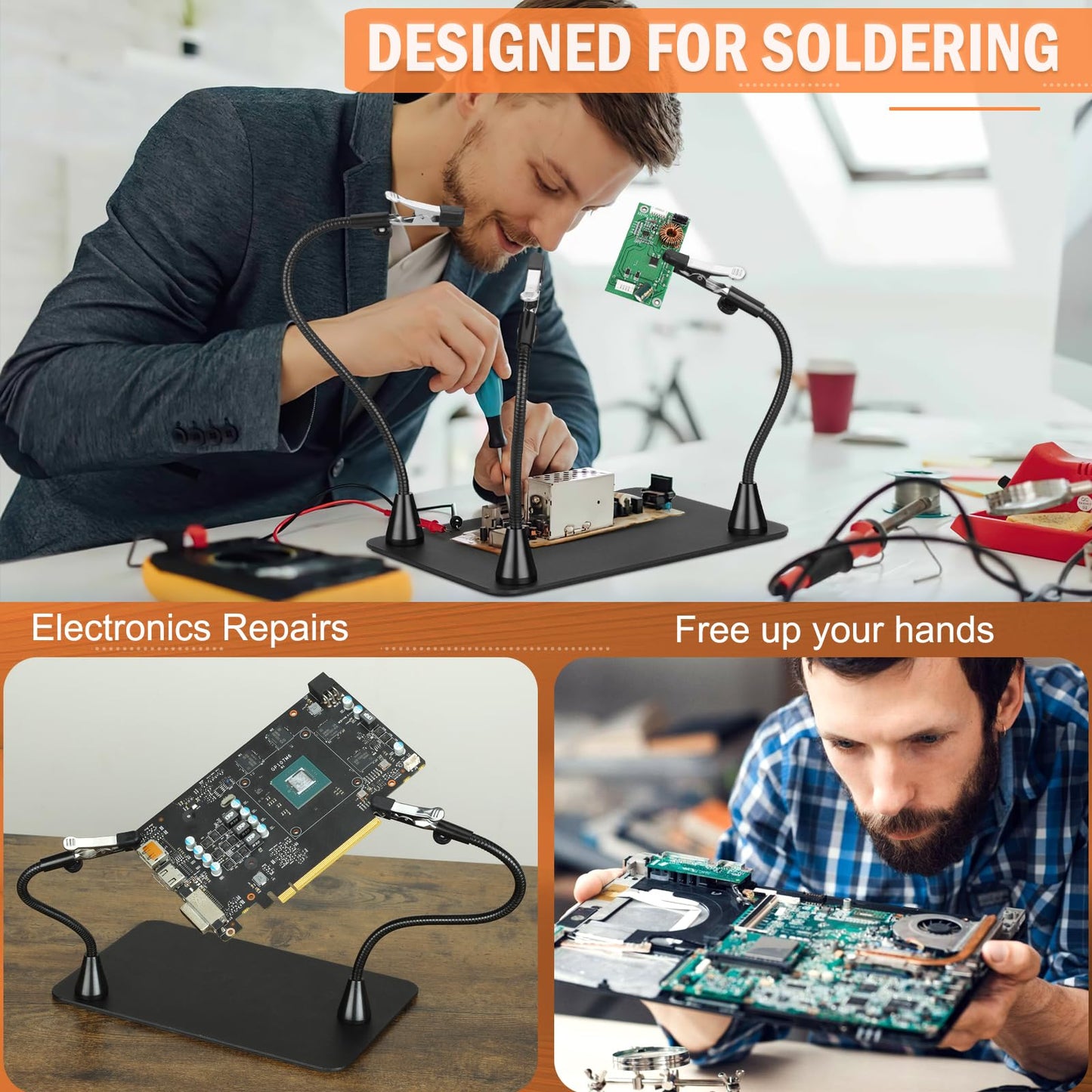 Drdefi Extra Magnetic Helping Hands Soldering Third Hand, Soldering Station with Alligator Clips PCB Circuit Board Holder Tool 4 Gooseneck Arms Non-Slip Base for Electronics Repair Jewelry Hobby