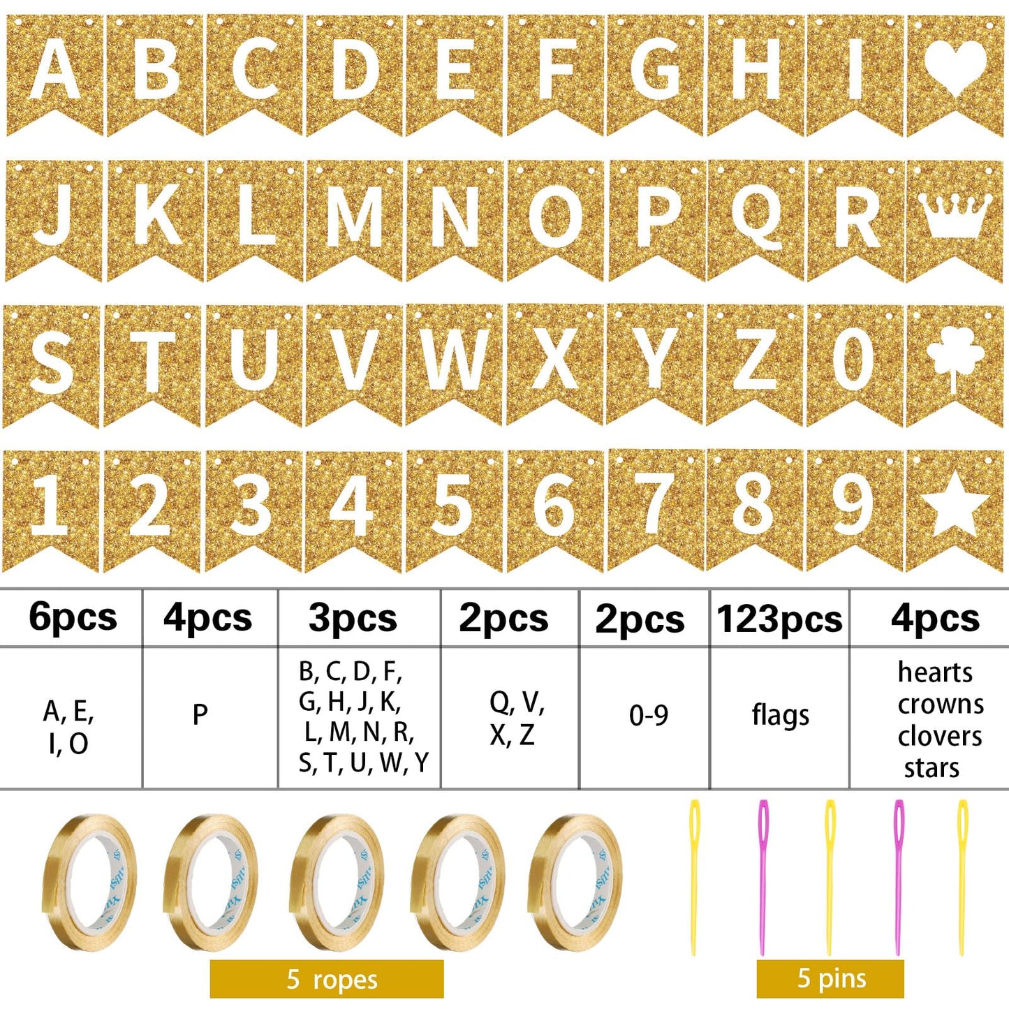 TaoBary 135 Pcs DIY Banner Custom Letters Kit Make Your Own Banner for Birthday Graduation Party Decor Include 107 Letters and Numbers, 16 Symbols, 2 String Lights, 5 Needles, 5 Rope (Gold)