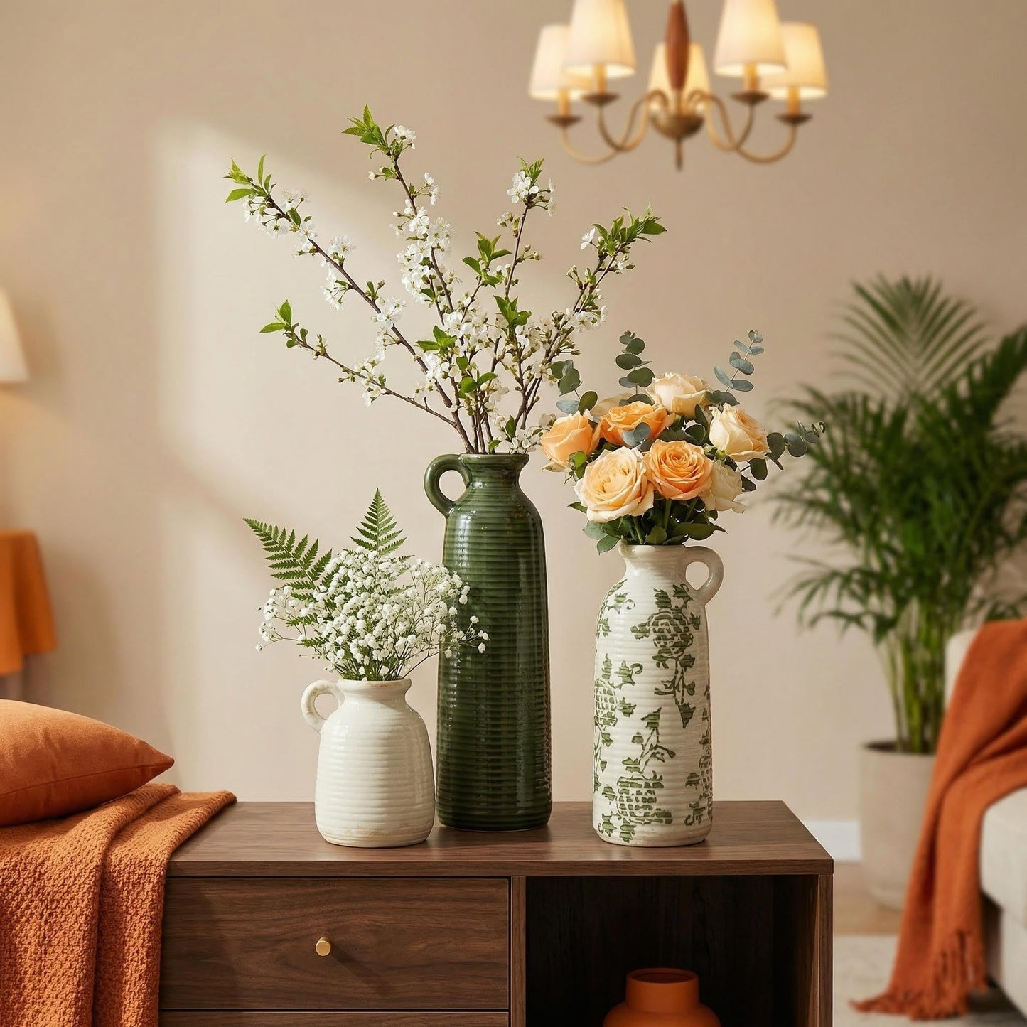 LIFESTYLO Ceramic Vase Set of 3 with Handles, Green White Neutral Rustic Modern Farmhouse Boho Decor, Versatile as Table Centerpiece or Mantel & Shelf Accent - Unique Home Gift Idea