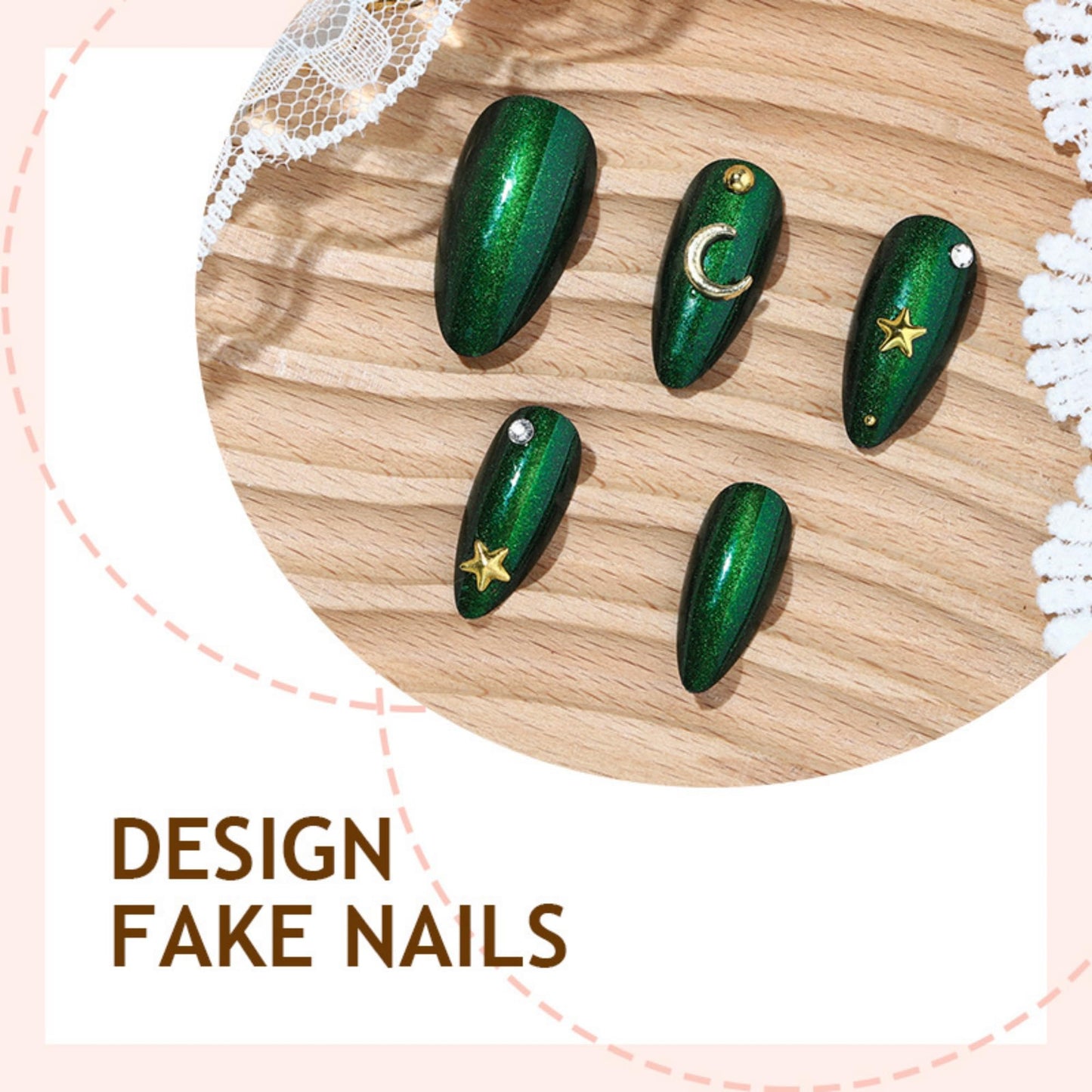 Long Press on Nails Almond Fake Nails Green Artificial Nail Cat eyeand Gold Moon Designs Cute Stick on Nail for Women 24pcs