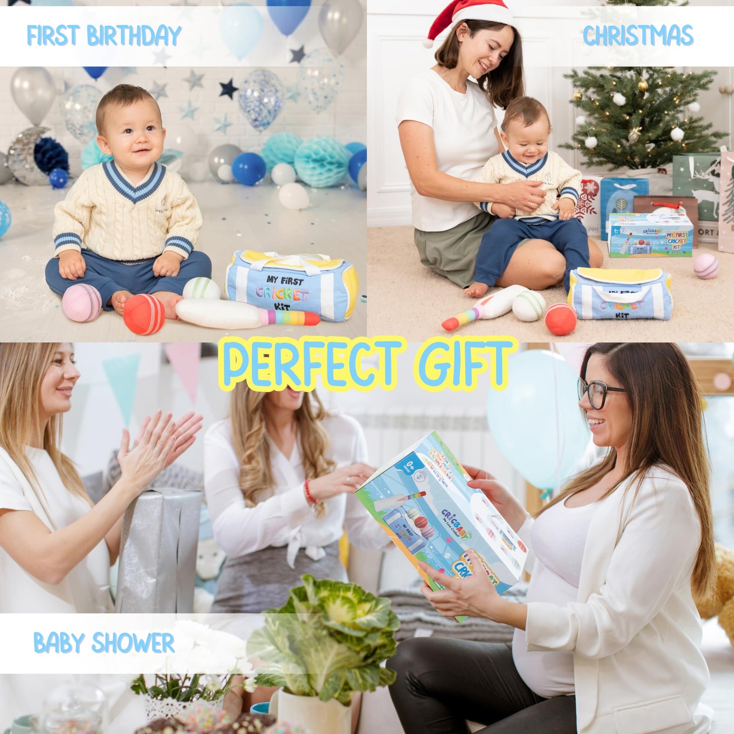 My First Cricket Kit | Mini Cotton Soft Plush Toy | Gift 0 to 18 Months Baby | 3 Soft Sensory Cricket Balls – Rattle, Crinkle, Squeaker & 1 Rainbow Rattle Cricket Bat | Safe, Fun, Educational