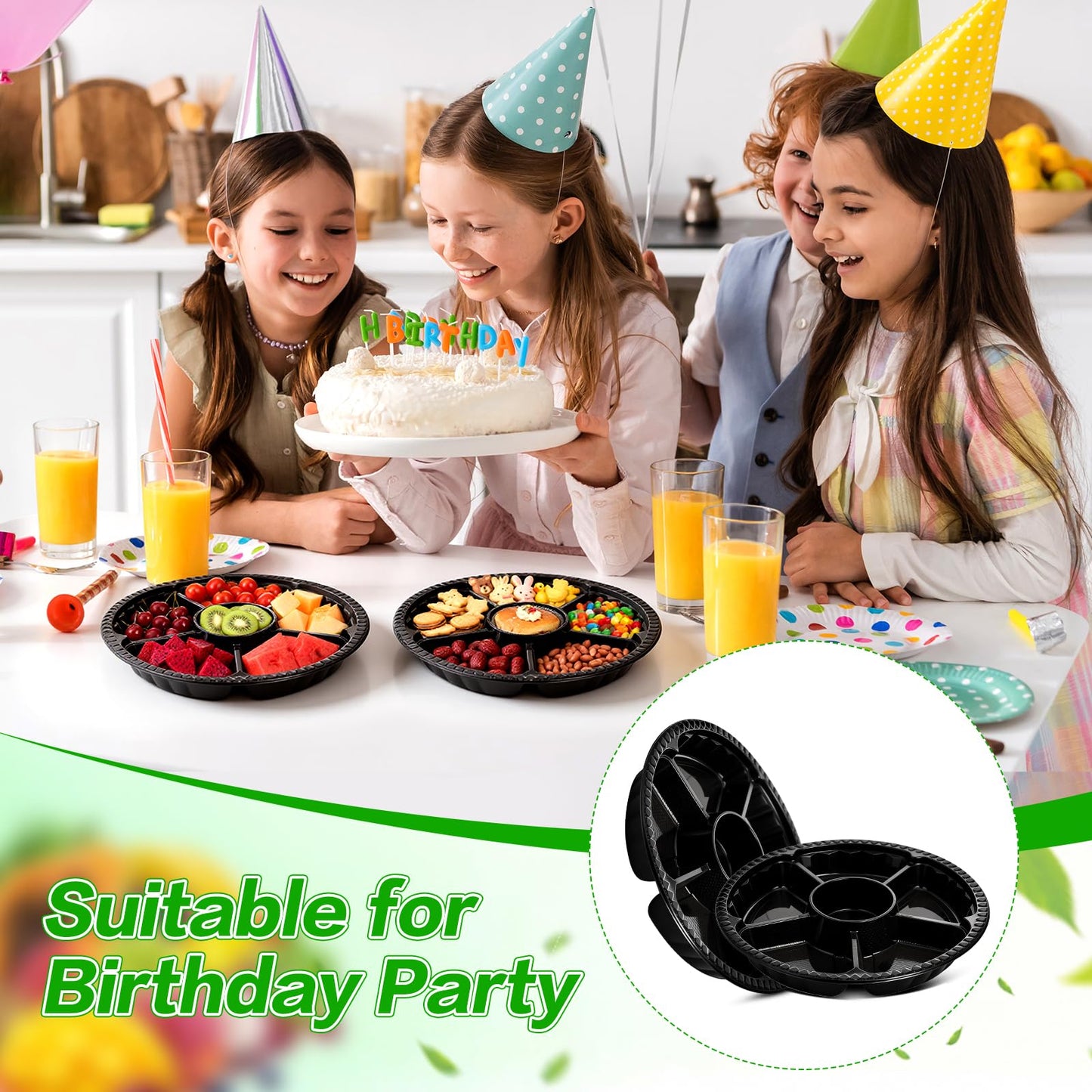 mwellewm 10 Pcs Round Plastic Appetizer Tray with Lid Divided Serving Tray, Disposable Food Storage Containers, Plastic Tray Storage, Kids Snack, Fruit Platter Vegetable Trays for Party and Buffet