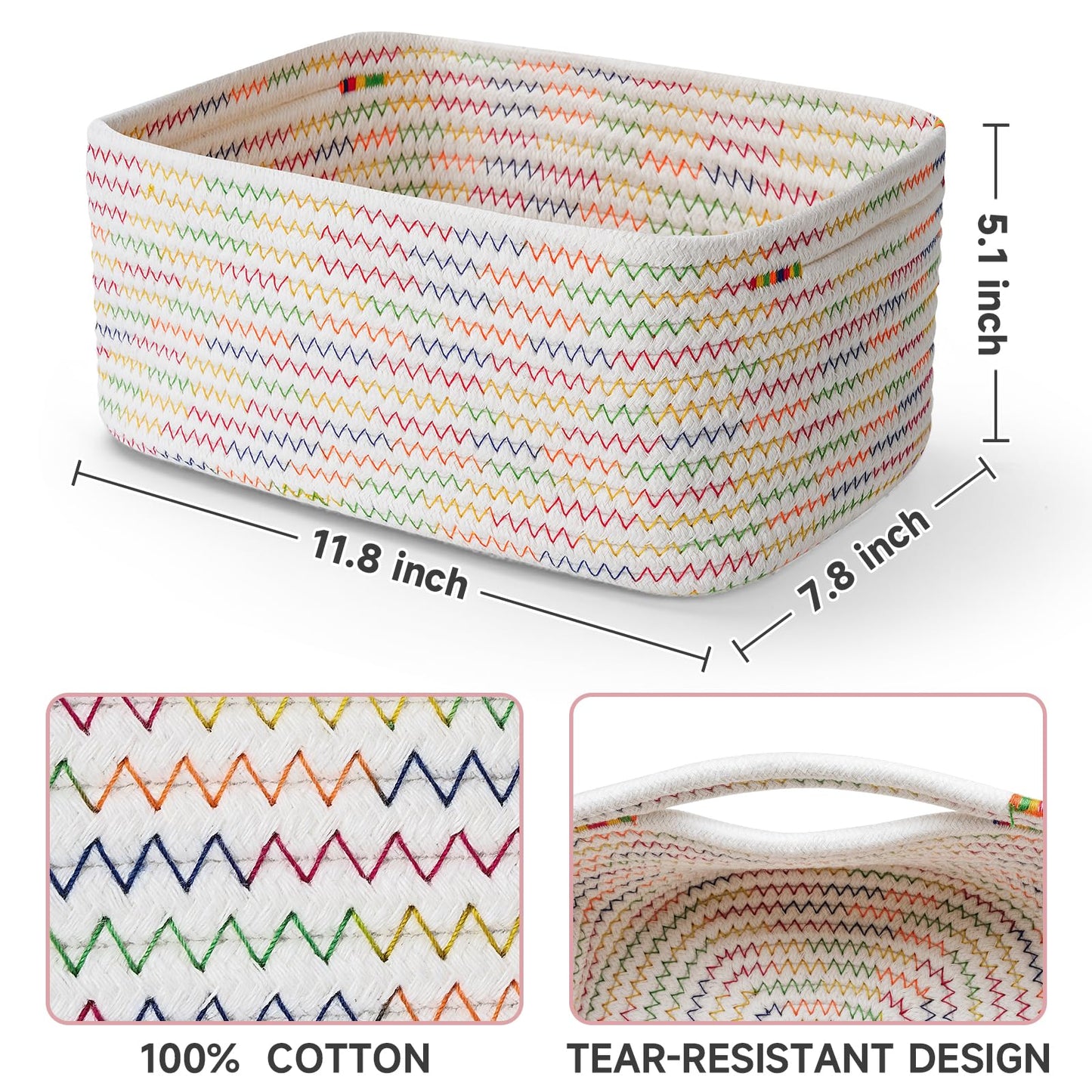 Maxuni 3-Pcs Shelf Baskets for Organizing, Closet Organizer Bins, Small Woven Baskets, Rope Toy Basket, Storage Basket for Shelves, Cube Decorative Box, 11.8×7.8×5.1”, Rainbow