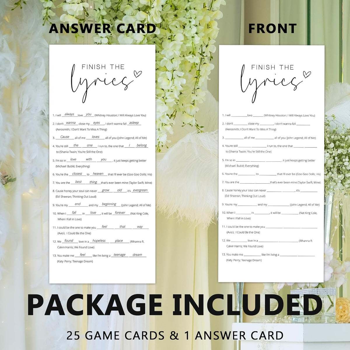 Bridal Shower Games, Finish the Lyrics, 25Pcs 4x9inch Minimalist White Double-Sided Bridal Game Cards with 1 Answer Key, Wedding Shower Games for Guests, Engagement Bachelorette Party Supplies - A09