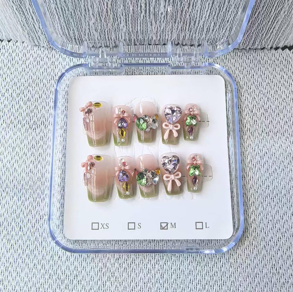 Handmade Press on Nails Long Coffin False Nails Green French Tip with 3D Rhinestones Designs Charm Cute luxury Sparkly Acrylic Nails for Women (Size M）10pcs