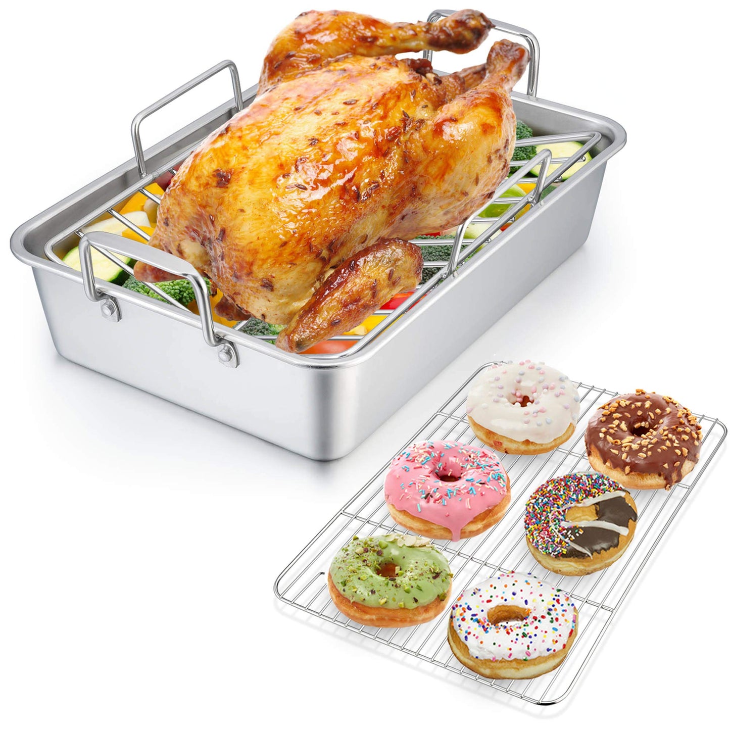 P&P CHEF 14" Roaster Roasting Pan with Baking Rack and V-shaped Rack, Stainless Steel Rectangular Lasagna Pan with Handles for Turkey Chicken, Healthy & Dishwasher Safe, 3 Pieces, Silver