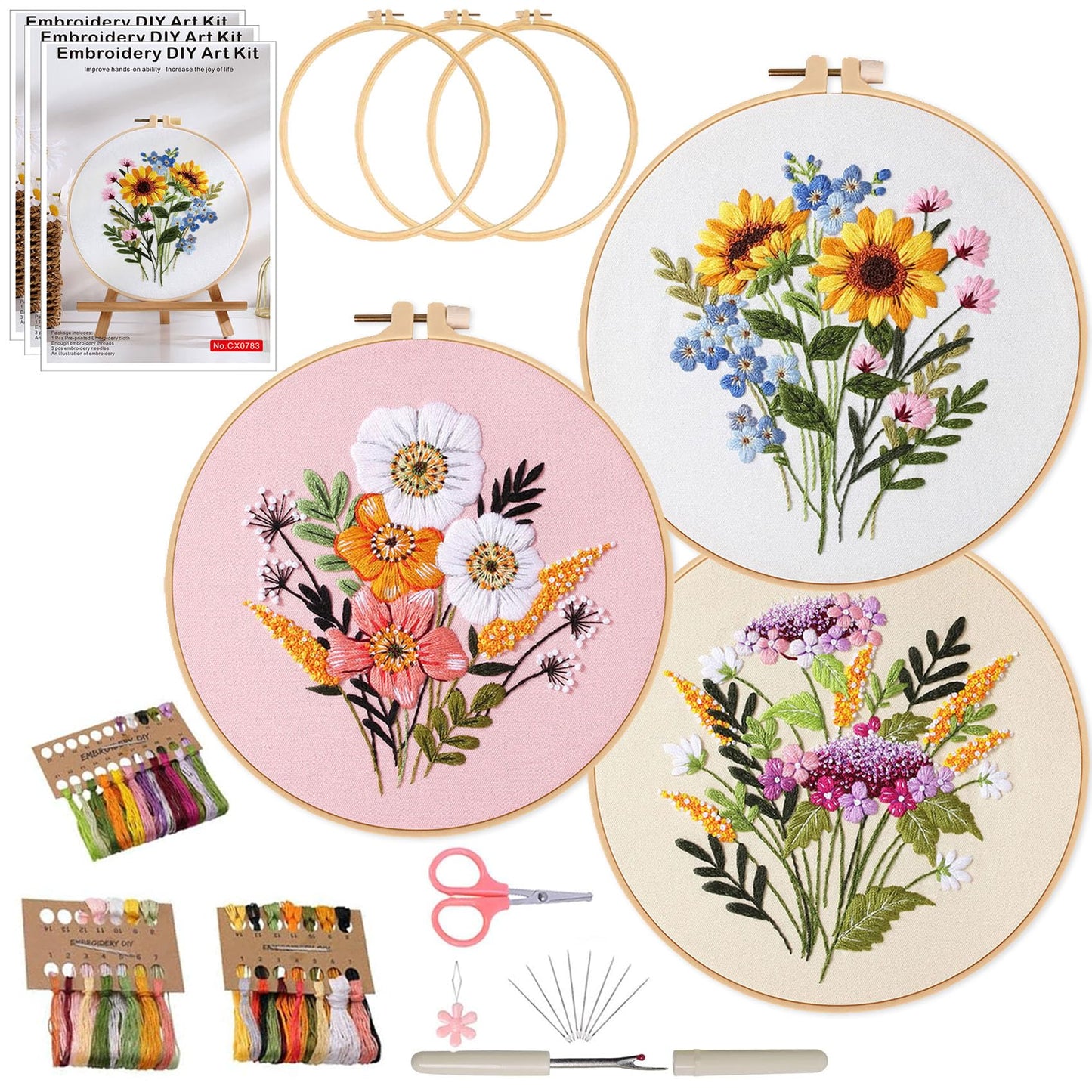 Ohcol 3 Sets Embroidery Kit for Beginners Cross Stitch Kits Needlepoint Kits Crafts for Adults with 3 Embroidery Hoops Easy-to-Follow Operating Instructions,Needle Point Kits with Flowers Patterns