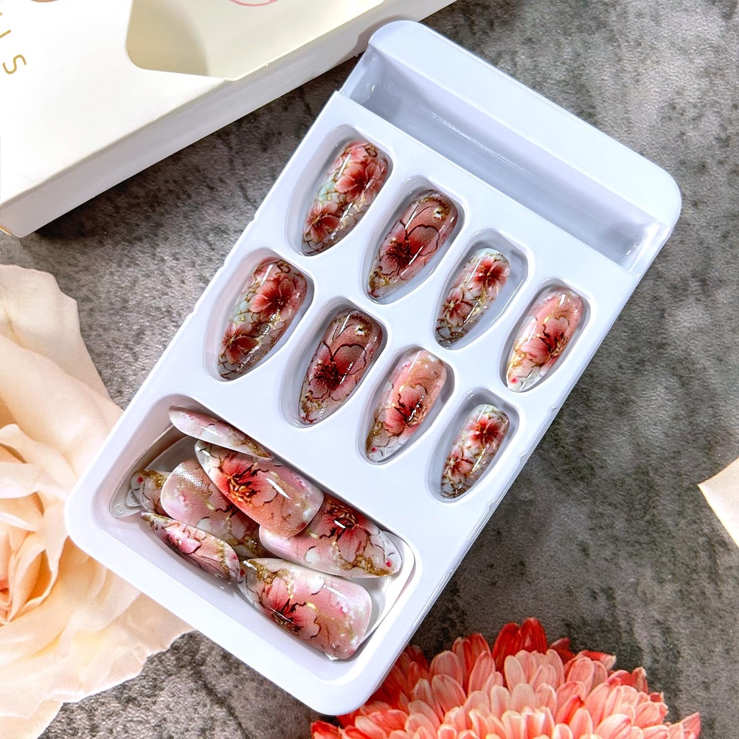 CJDLTS Flower Press on Nails Medium Almond Pink Floral Pattern Design Full Cover Glossy Acrylic Fake Nail Blossom Stick on Nail 24Pcs Reusable Press Ons Glue on Nails for Women