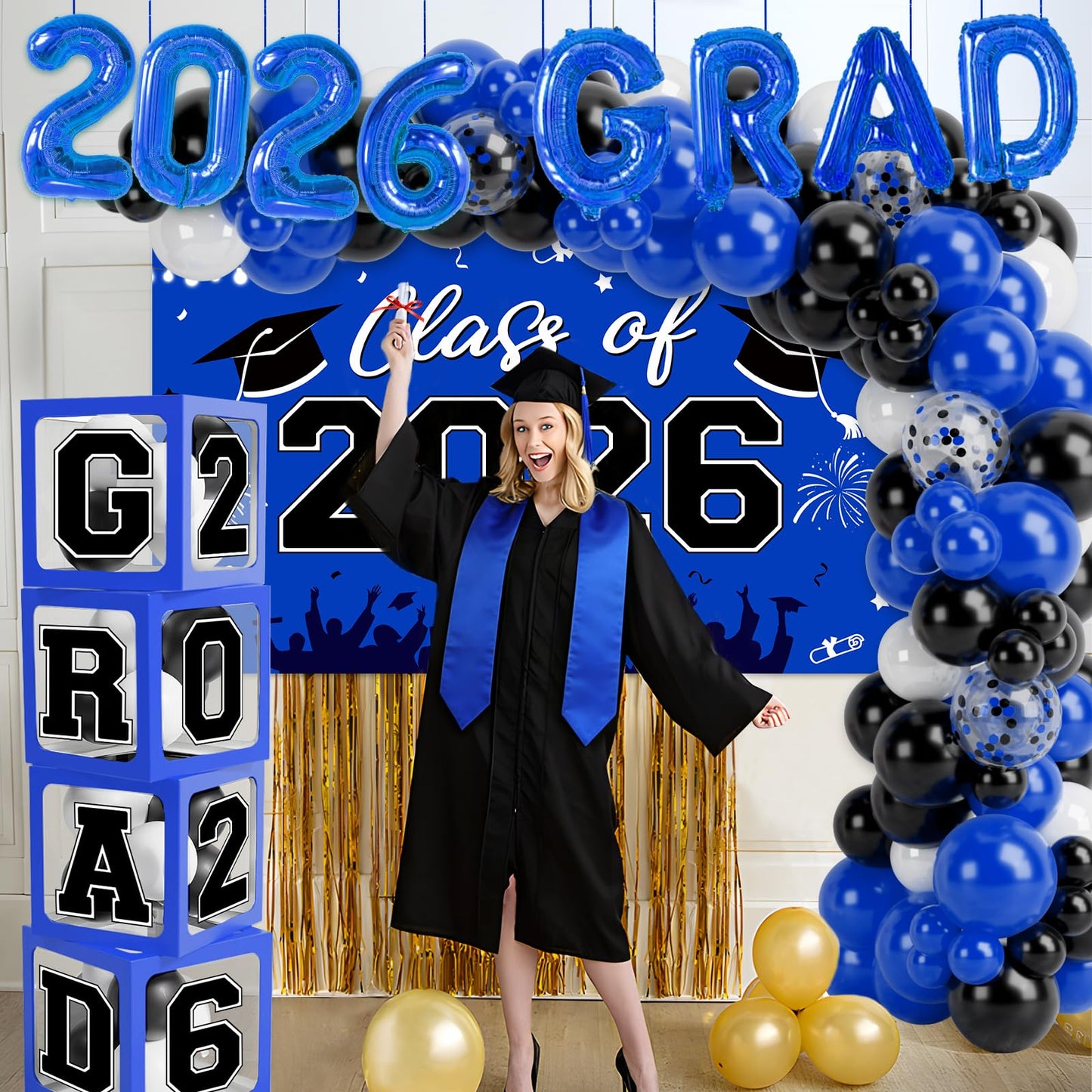 Graduation Decorations 2026, Blue Black Graduation Party Decorations 123pcs Balloon Boxes with Letters, Balloon Arch Kit and Backdrop for 2026 Grad Decor Class of Party Supplies