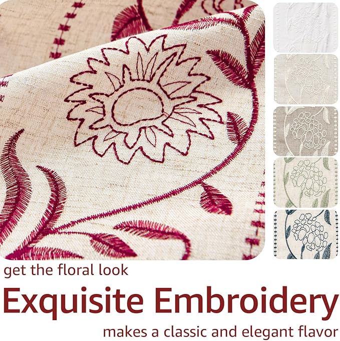 jinchan Winslow Linen Curtains for Bedroom 96 Inches Length Embroidered Bordered Floral Curtains for Living Room Farmhouse Decor Light Filtering Window Treatments Red on Beige Drapes 2 Panels