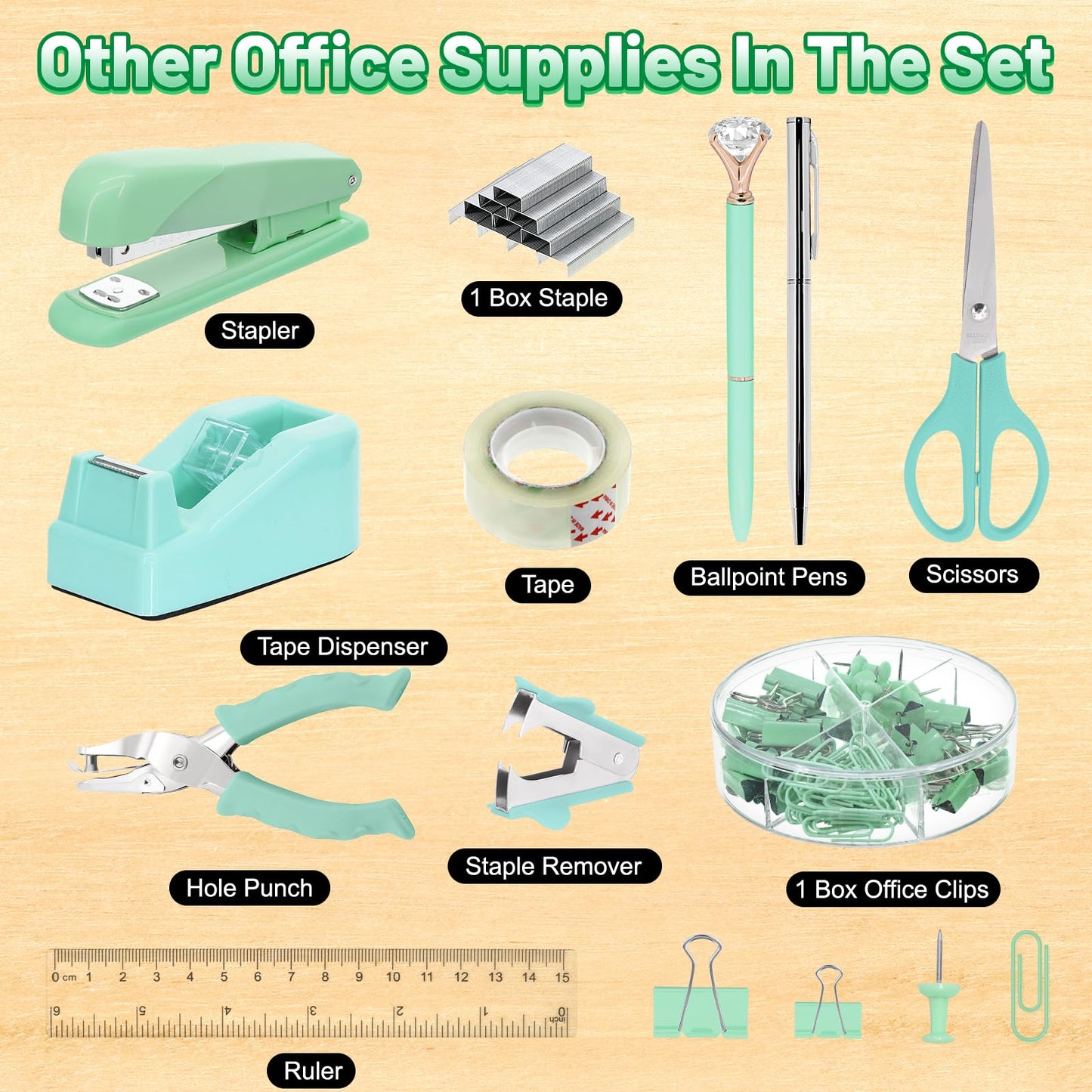 13-in-1 Office Desk Organizer Set with Stapler and Tape Dispenser, Pen Holder, Scissors, Ruler, Hole Punch, 2 Pens & More Desktop Accessories for Back to School Supplies (Green)