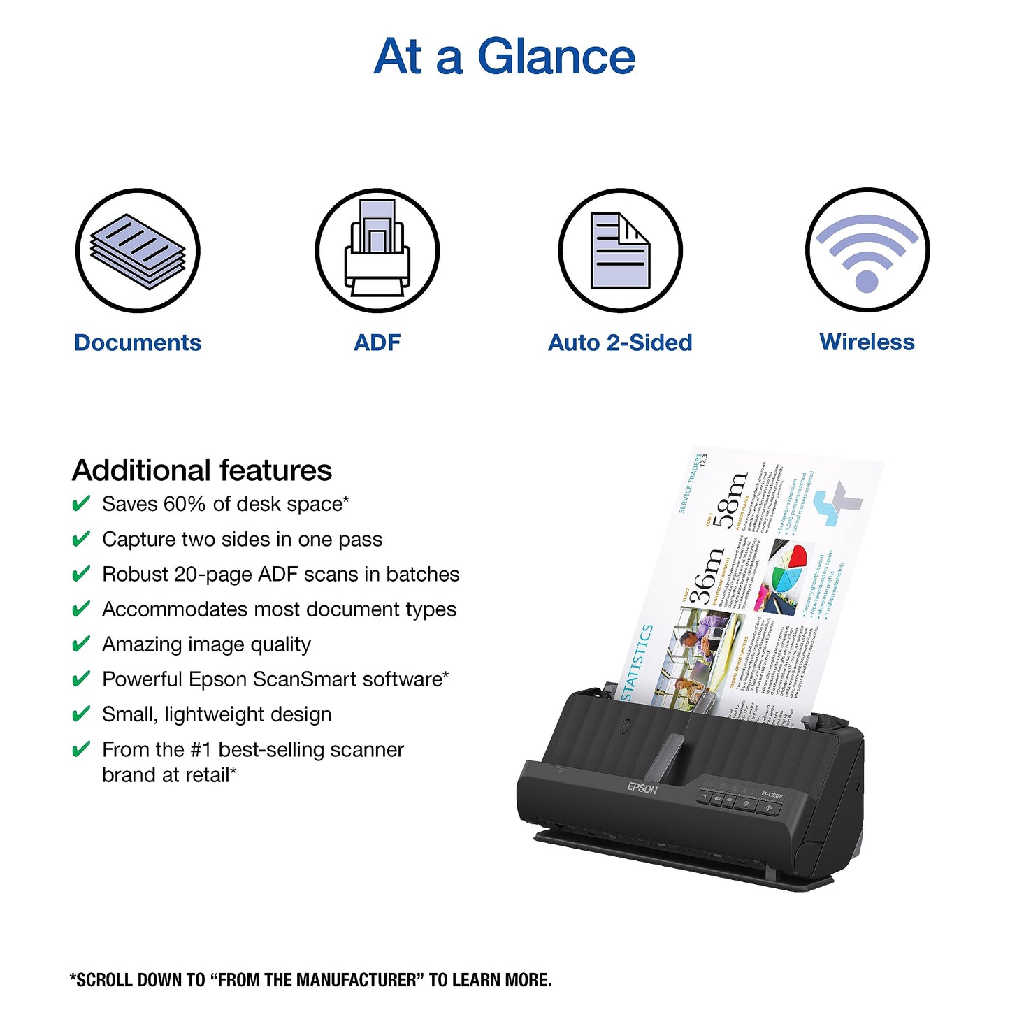 Epson Workforce ES-C320W - Wireless Compact Desktop Document Scanner - 2-Sided Scanning Auto Doc Feeder - Can Scan Paper and Cards - Black