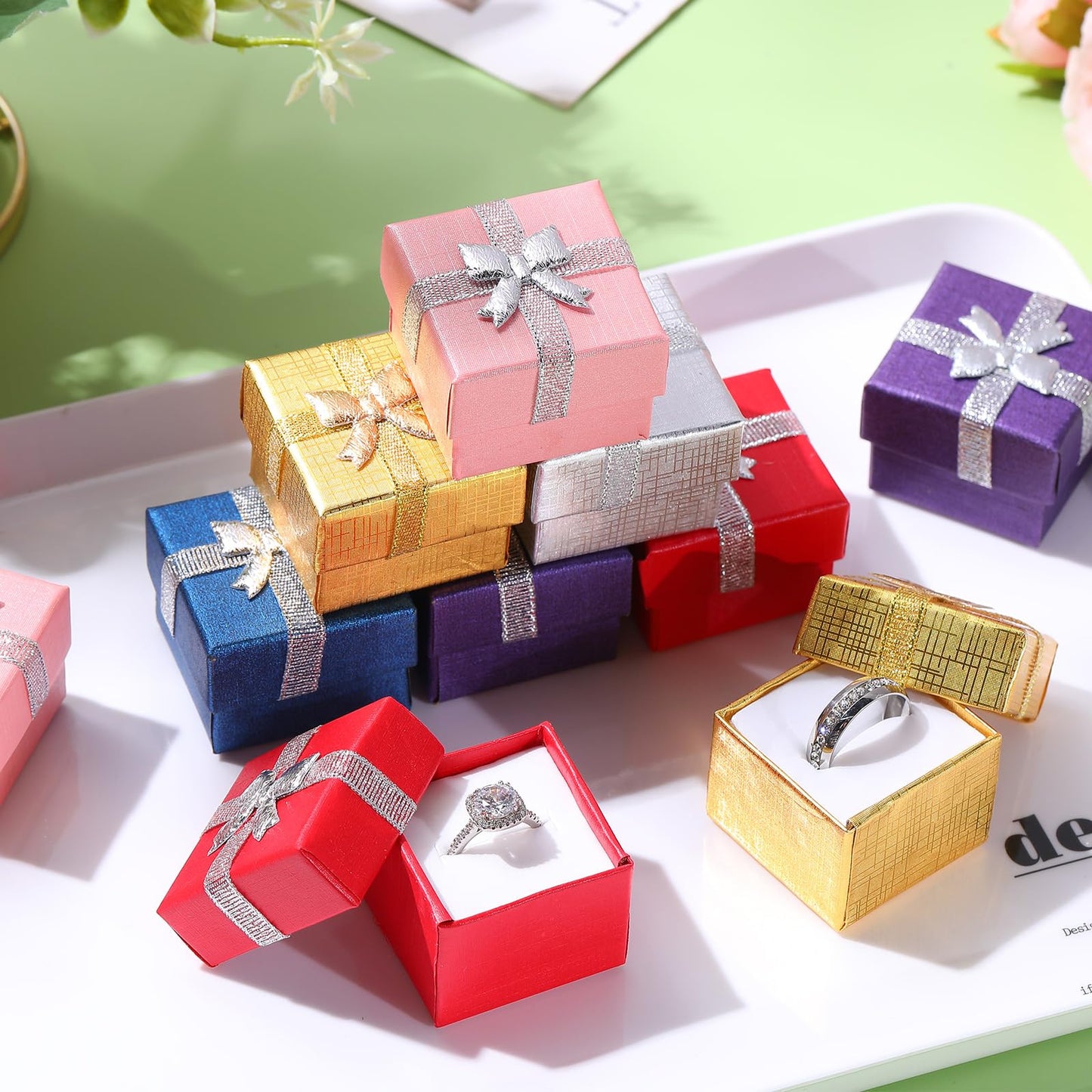 Bucherry 72 Pcs Ring Box Bulk Cardboard Jewelry Gift Boxes with Ribbon Bow Small Earring Case for Wedding Mothers Day Packaging(Modern Color)
