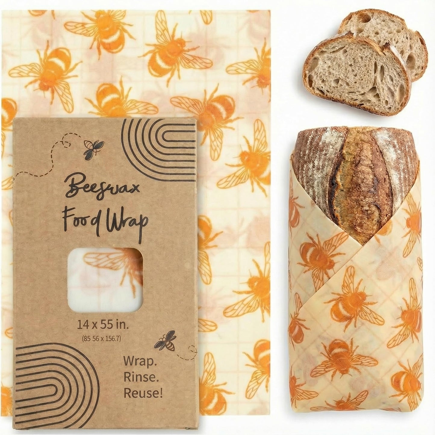XXL Reusable Beeswax Wraps For Food - 14 x 55 in Roll | Cut to Size Bees Wax Wraps Reusable | Extra Large Beeswax Paper Sheet | Cute Bees Wax Roll for Food Wraps