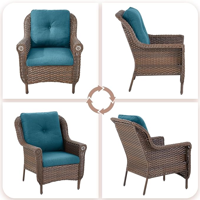 Patio Wicker Chairs Outdoor Furniture Chair - Set of 4 Outside All Weather Lawn Dining Brown Rattan Armchair with High Back&Deep Seating for Deck Porch Balcony Backyard Garden - Peacock Blue