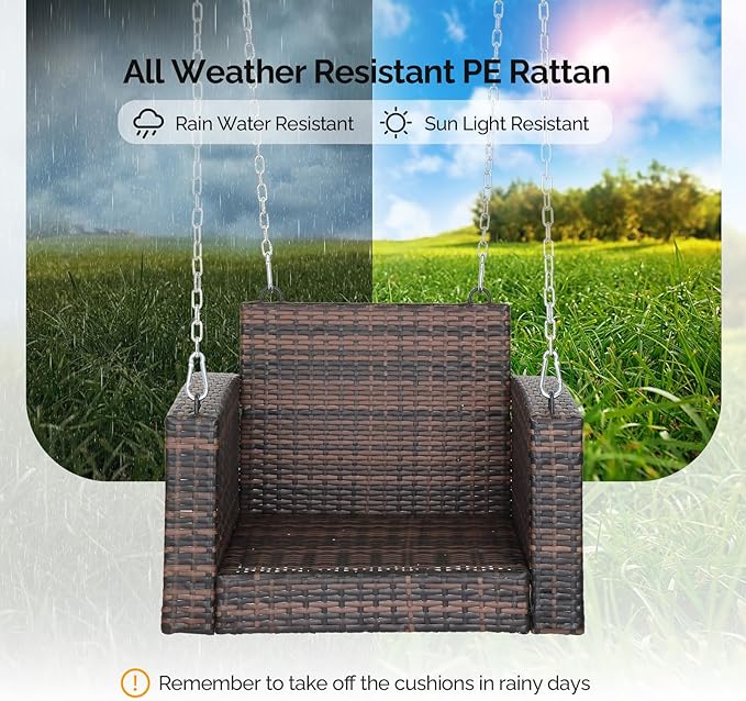 VINGLI 2.2 FT 1-Person Use Rattan Porch Swing Outdoor Support 440 LBS with Cushions & Adjustable Chains, Patio Wicker Swing Bench Chair for Garden, Yard, Lawn, Tree, Brown