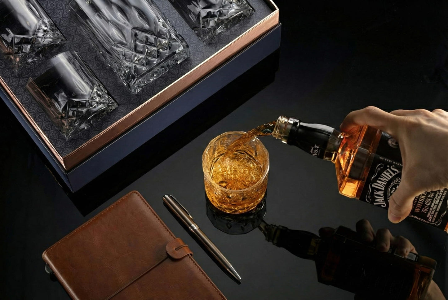 Mixology & Craft Luxury Whiskey Decanter Gift Set - 25oz Crystal Decanter, 4 Old-Fashioned Glasses, 4 Slate Coasters with Diamond Pattern Premium Black Gift Box