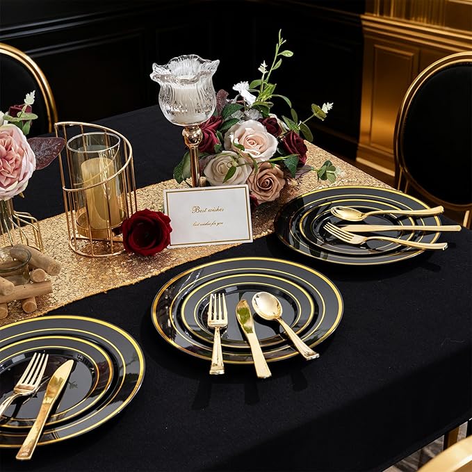 100Pcs Black Plastic Dessert Plates, Disposable Salad Plate with Gold Rim, Premium Hard Fancy Small Plates, Heavy Duty Plastic Cakes Plates for Party, Wedding and Birthday