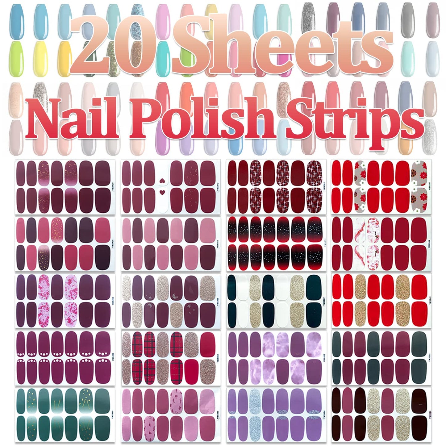 SILPECWEE 20 Sheets Red Nail Polish Strips for Women Self Adhesive Nail Polish Stickers Full Nail Wraps Gel Nail Strips Sticker Nails Manicure Design with 1pc File