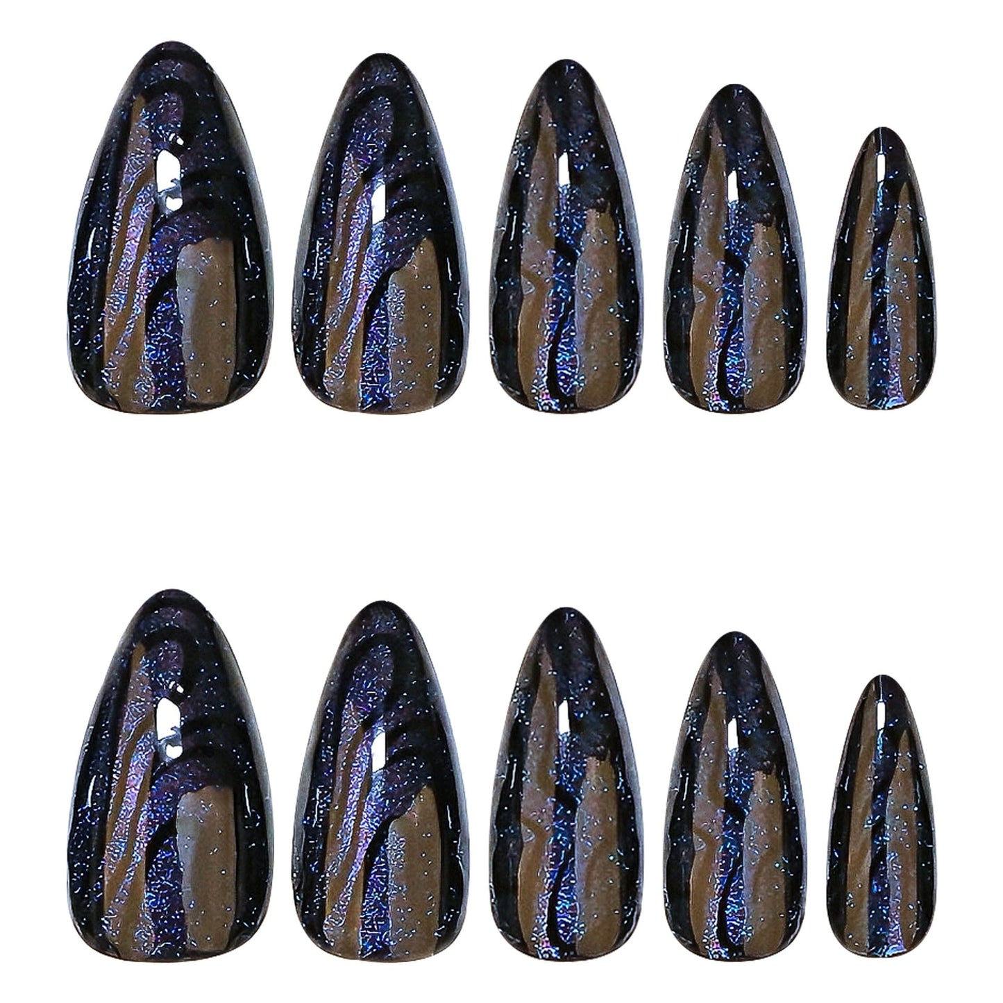 RUOKEXIN Almond Press on Nails Medium Length Fake Nails Black Cat Eye False Nails with Designs Glitter Nail Press ons Sparkly Artificial Nails for Women 24Pcs