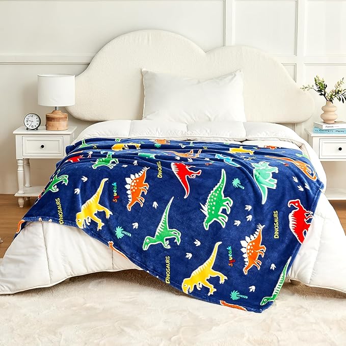 SOCHOW Glow in The Dark Dinosaur Blanket for Sons Daughters, Toys for 3-10 Year Old Preteen Teen Birthday Presents, Soft Cozy Flannel Throw Blanket for All Seasons, Blue 50 x 60 Inches