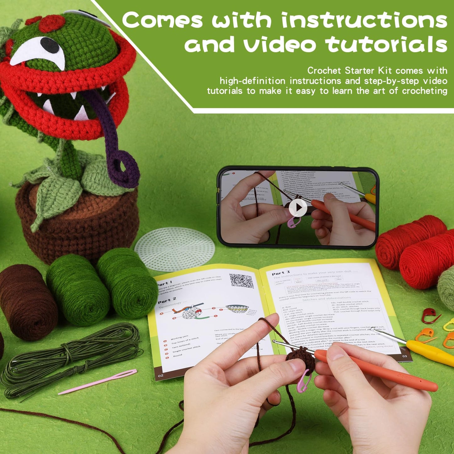 Yizzvb Crochet Kit for Beginners, Complete Crochet Kit for Starter Piranha Crochet Starter Kits for Adults with Step-by-Step Video Tutorials Crochet Flower Kits for DIY Craft Supplies