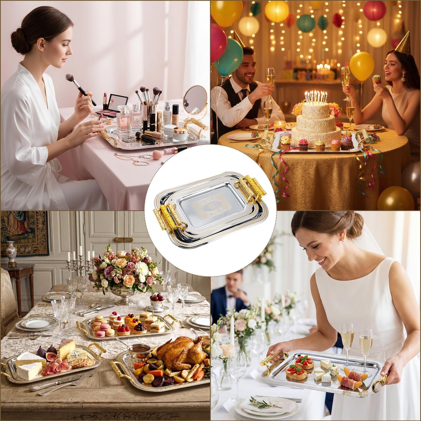 Teecyhooo 3 Pack Stainless Steel Serving Tray with Gold Handle Silver Metal Plate Platter Coffee Tea Serving Tray Floral Table Platter for Buffet Wedding Party Jewelry(Rectangle)