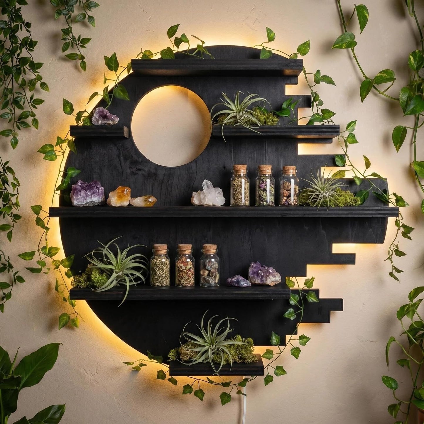 HBSGS LED Crystal Shelf for Wall, Wooden Floating Shelves with Light, Crystal Display Shelf for Healing Stones, Rock Gem Organizer, Witchy Wall Decor for Essential Oils, Trinkets, Boho Room Aesthetic