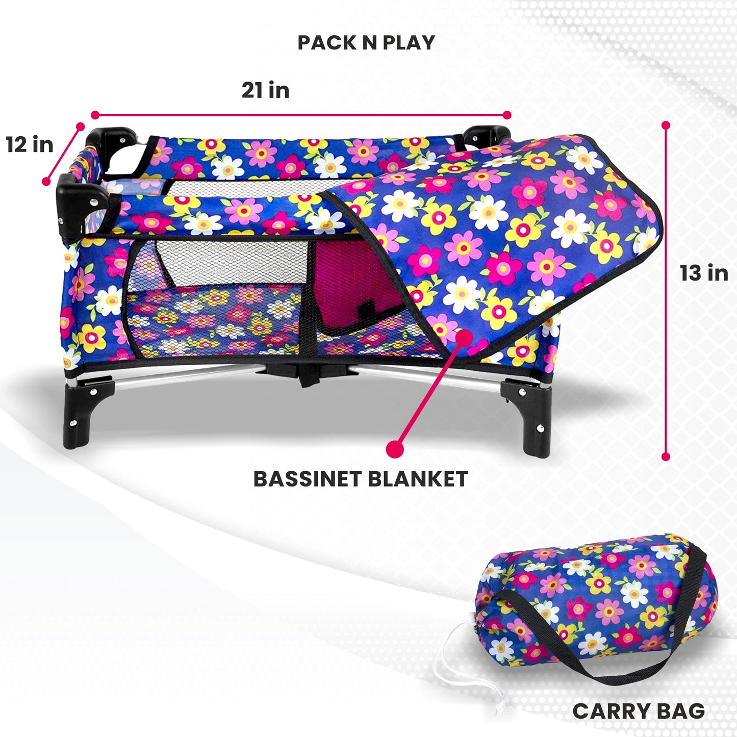 Baby Doll Crib Set, Toy Pack n Play Bassinet Blanket & Carry Bag for Baby Doll Playpen Fits up to 20" Doll | Allows for Easy Compact Folding for Storage Toy,