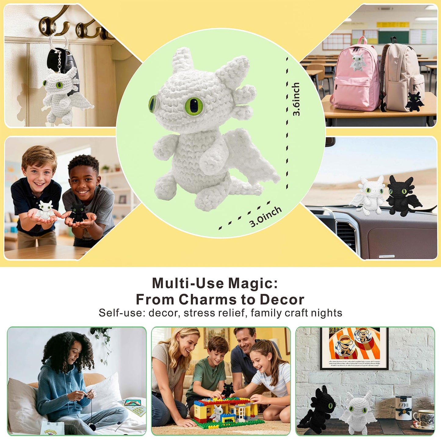 LuNuaFvy Crochet Kit for Beginners Kids & Adults - Complete Animal Starter Kit to DIY 2 Cute Amigurumi Dragons, Easy-Follow Book & Video Tutorial (4hr), Soft Yarn, 2 Bags(Gift & Storage)