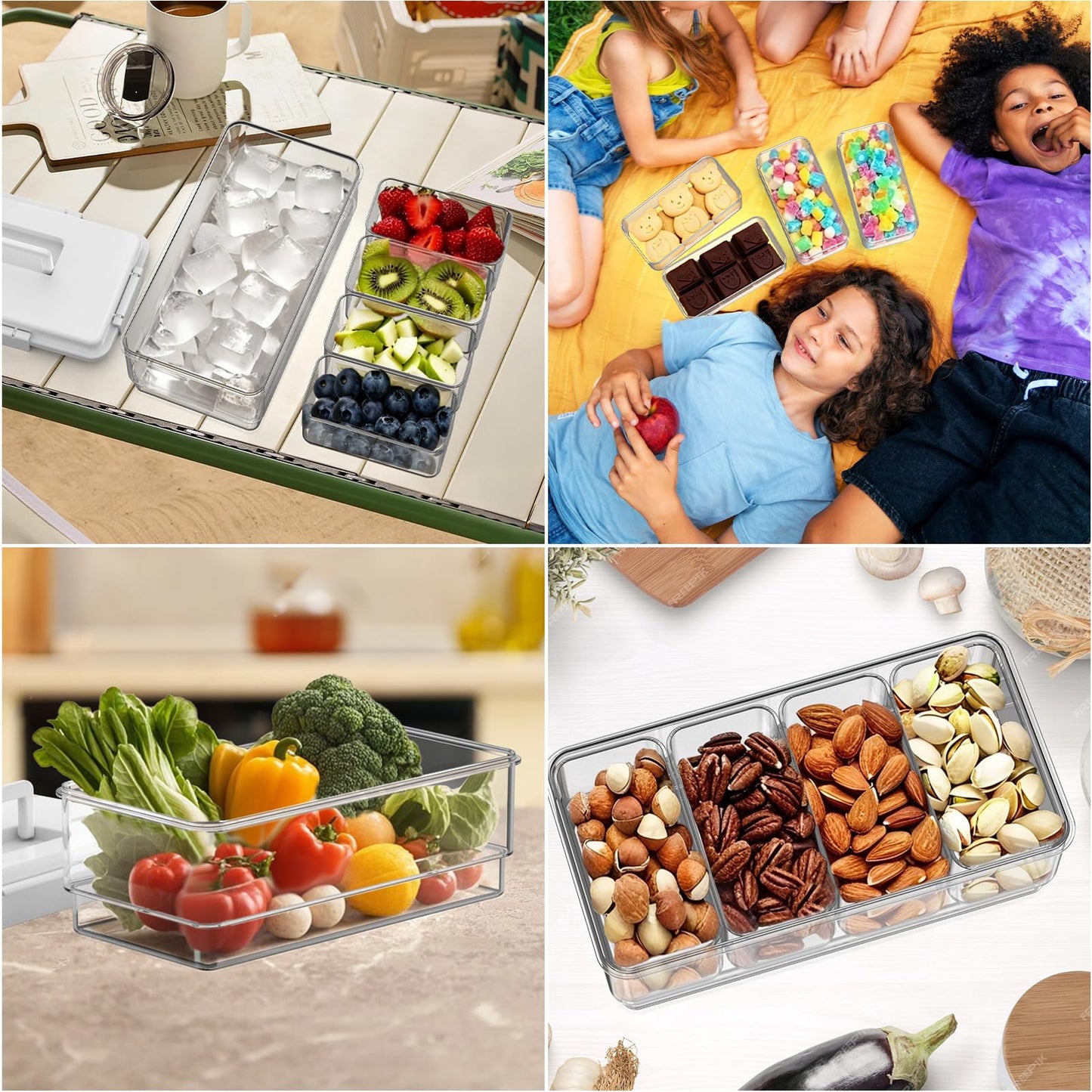 Palksky Snackle Box Container with Ice Pack, Travel Snack Container with Handle, Chilled Portable Divided Serving Tray with Lid, 4 Compartment Snack Box for Fruits,Veggies,Snacks,Keep Food Cold