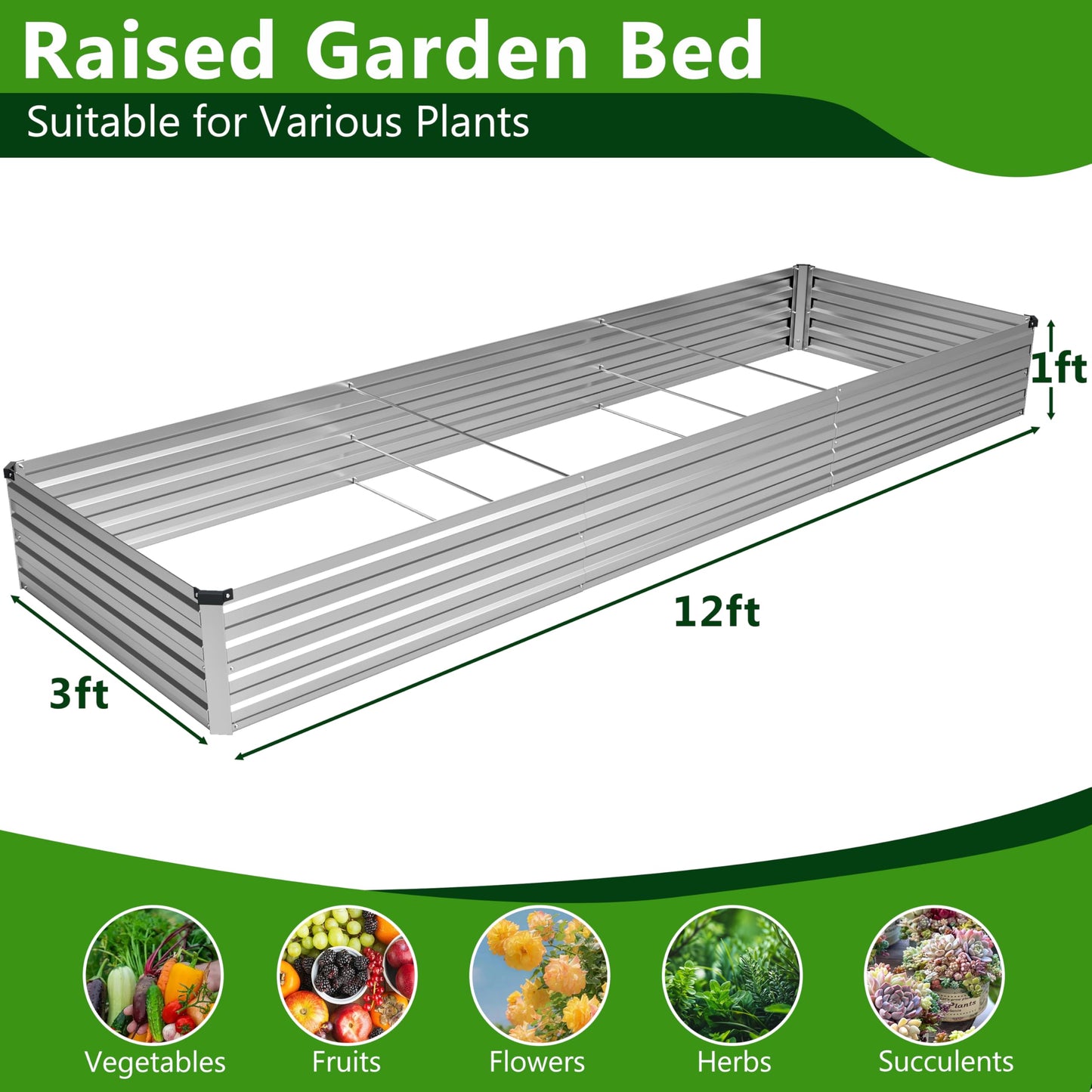 Henshwon 2PCS 12x3x1ft Galvanized Raised Garden Bed Kit,Metal Planter Box for Vegetables,Flowers,Herbs Durable Rust-Resistant Patio Gardening Beds,Silver