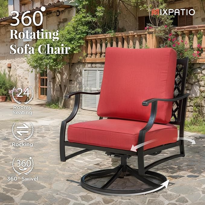 Patio Furniture Set 7 pcs, Outdoor Patio Furniture, 3-Seat Sofa, 2 Single Chairs, 2 Swivel Chairs, 2 Ottomans and 5.75" Extra Thick Cushion, Patio Conversation Set for Backyard Deck,Red