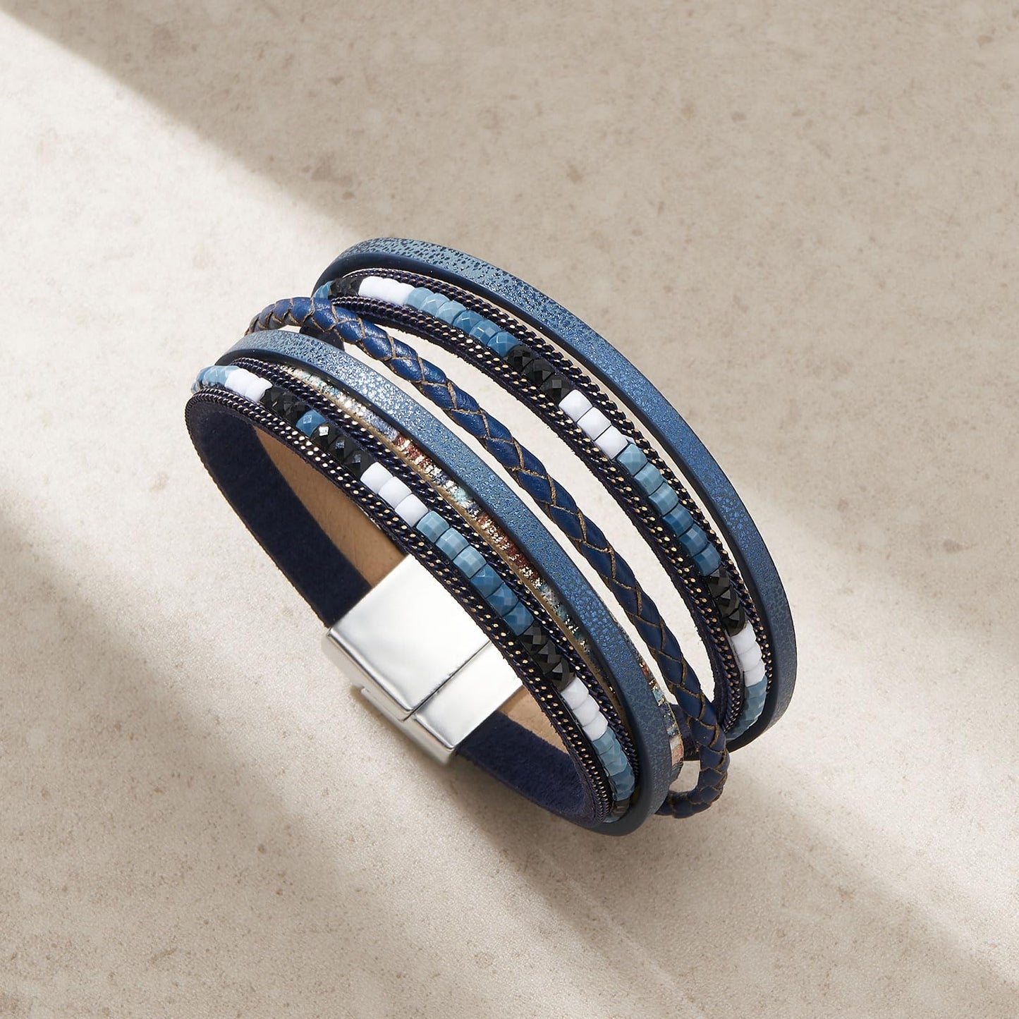 QIUTIMIY Leather Bracelets for Women Trendy Boho Cuff Bracelet Layered Bangle with Clasp Hand Wrist Jewelry Western(Style 1-Navy)