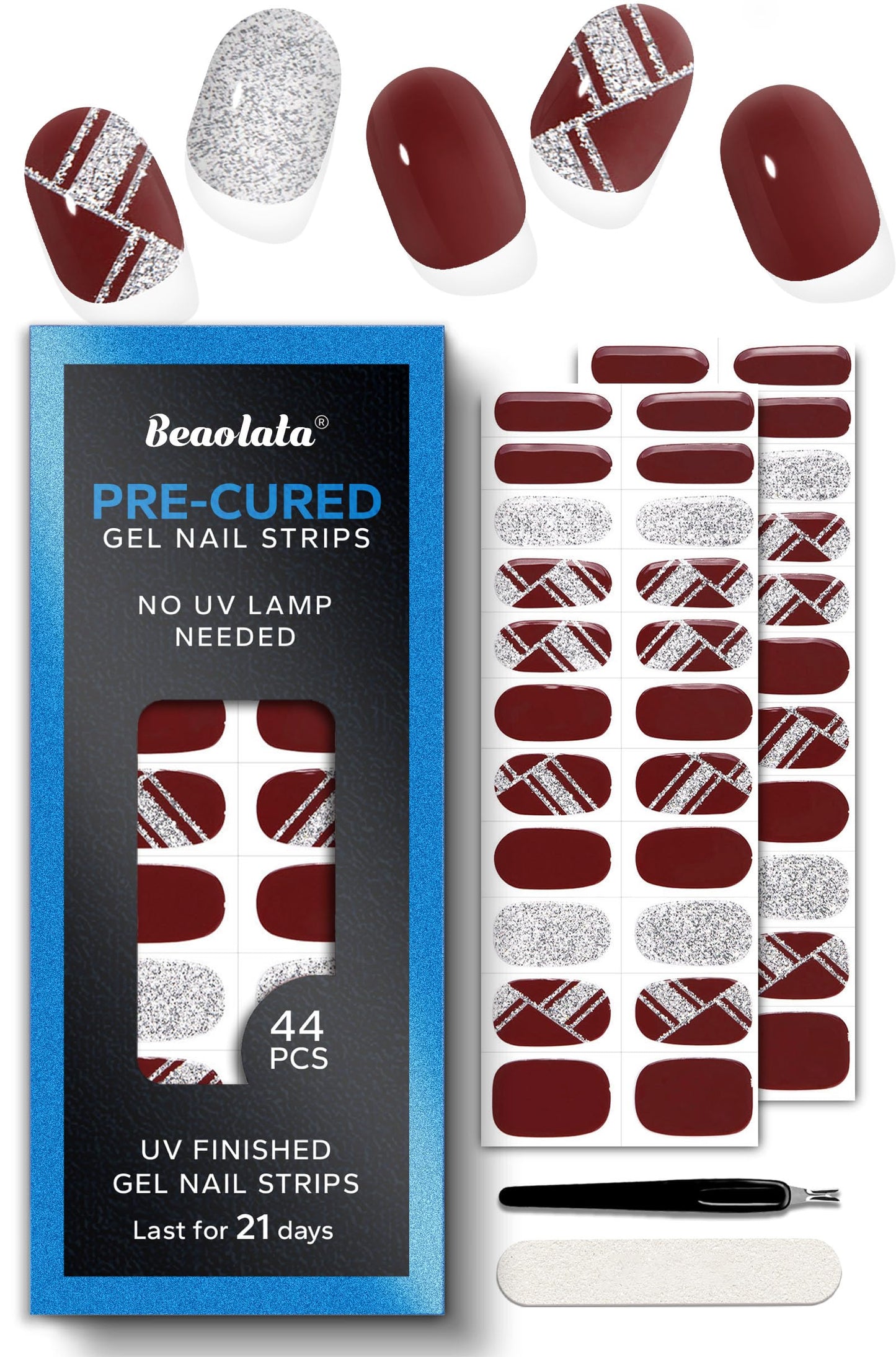 Beaolata Real Gel Nail Strips (No UV Light Needed) - 44Pcs Salon Quality Nail Stickers - Long Lasting Polish Wraps for Women, Easy Apply & Remove (Cocoa Brown）