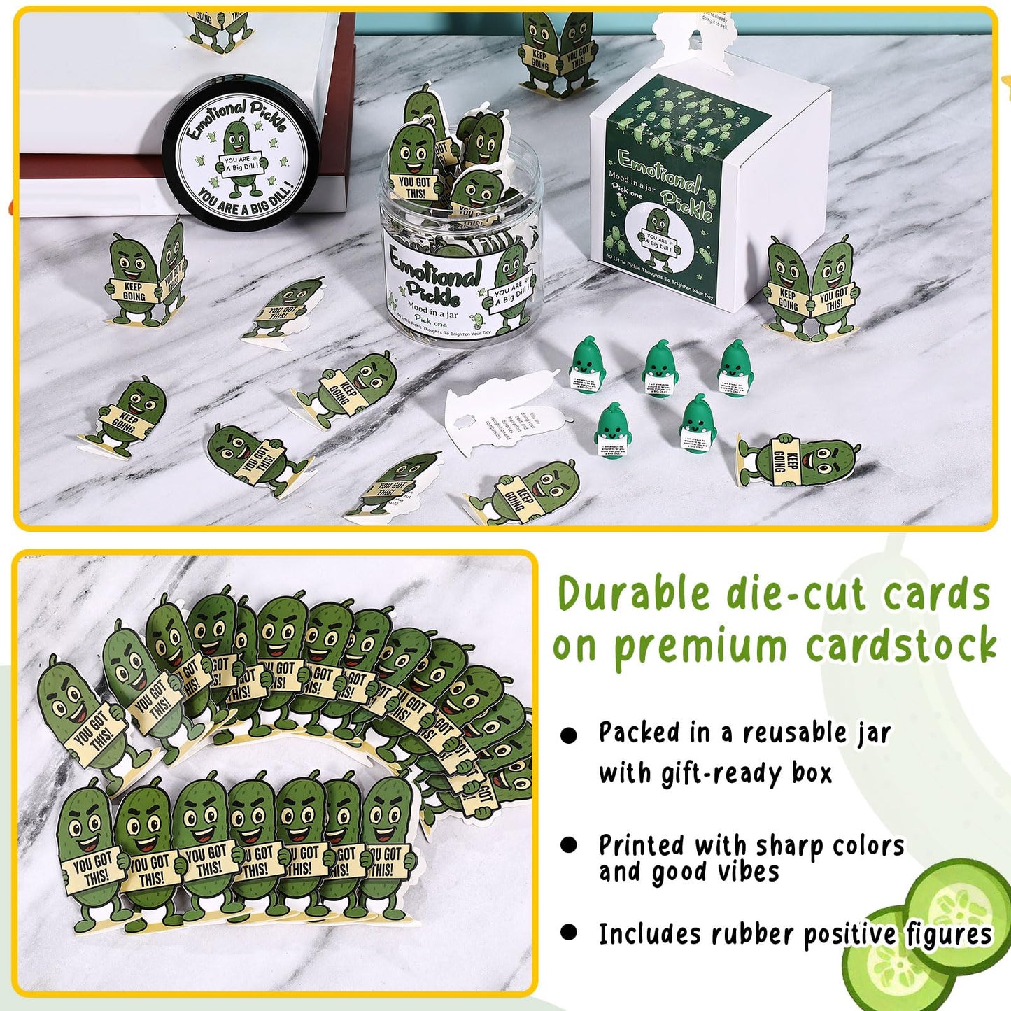 Gejoy 60 Pcs Positive Gifts Emotional Comfort Pickle Card Jar with 5 Mini Rubber Pickle Figurines Christmas Affirmation Birthday Encouraging Motivational Gift for Coworkers Colleague Staff Women Men