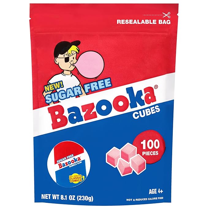 Bazooka Bubble Gum Sugar-Free Chewing Gum Cubes, Bulk in Resealable Bag, 100 Ct in Original Pink Flavor w/ Bazooka Joe Comics, Baseball Party Favors, Nostalgic 90s Candy