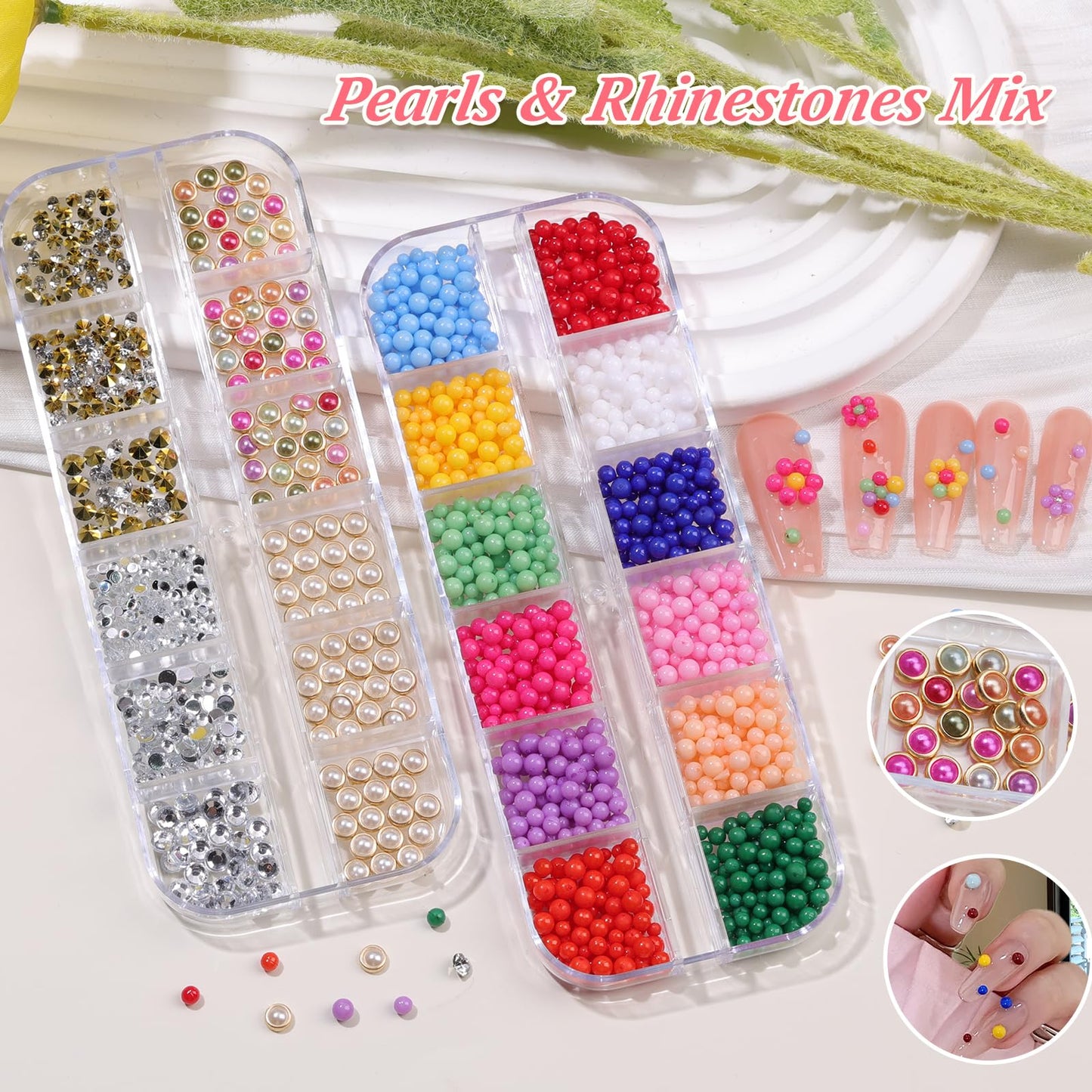 15 Boxes Nail Rhinestones Gems Kit,Gold/Silver Metal Studs,Mixed Sizes Flatback Crystals Rhinestones,Half Pearls,Sequins,Foil Flakes with Tweezers & Dotting Tools for DIY Manicure