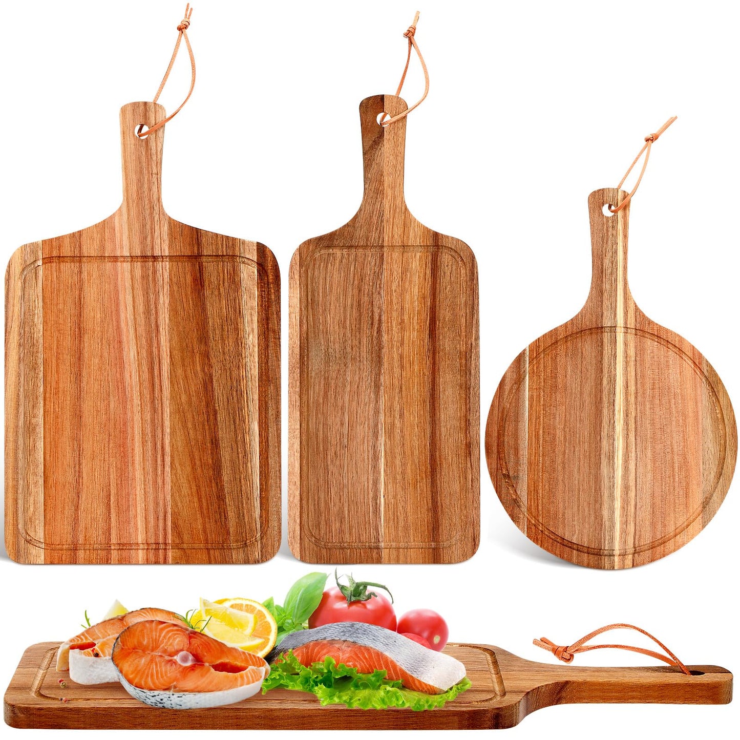 Kathfly 3 Pcs Mother's Day Acacia Wood Cutting Board Set with Handle Summer Wooden Charcuterie Cheese Board Hawaii Chopping Serving Tray Butter Pizza Serving Tray for Holiday Kitchen Gift, 3 Style