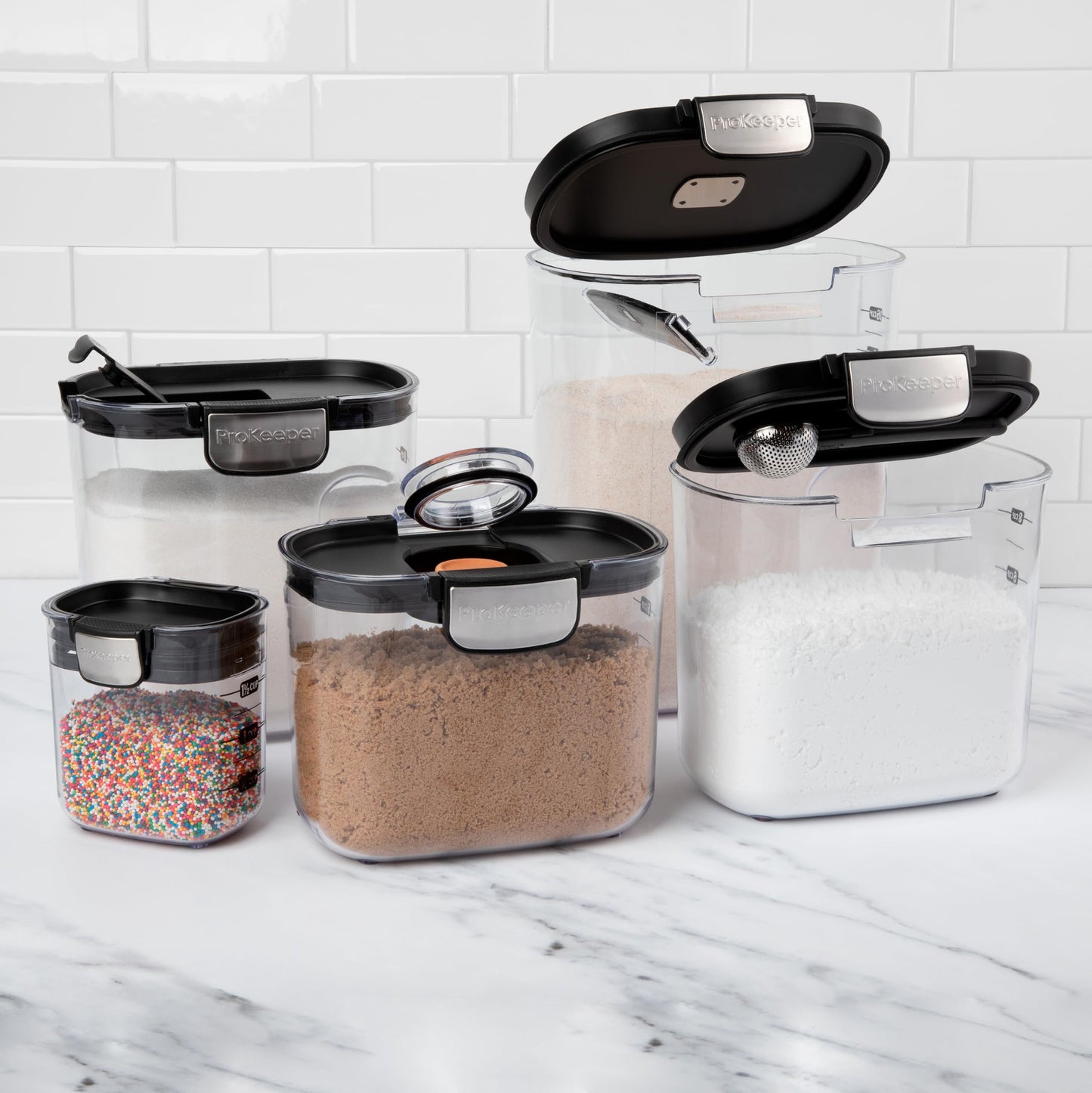 ProKeeper+ Airtight Food Storage Container Set – Clear Plastic Flour and Sugar Canister Set with Magnetic Accessories for Kitchen Organization (Black, 9-Piece)