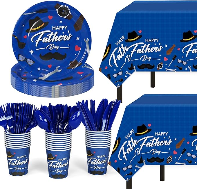 132 Pcs Father's Day Party Supplies for 26 Guests | Disposable Blue Tableware Set with Plates, Cups, Cutlery & Tablecloth