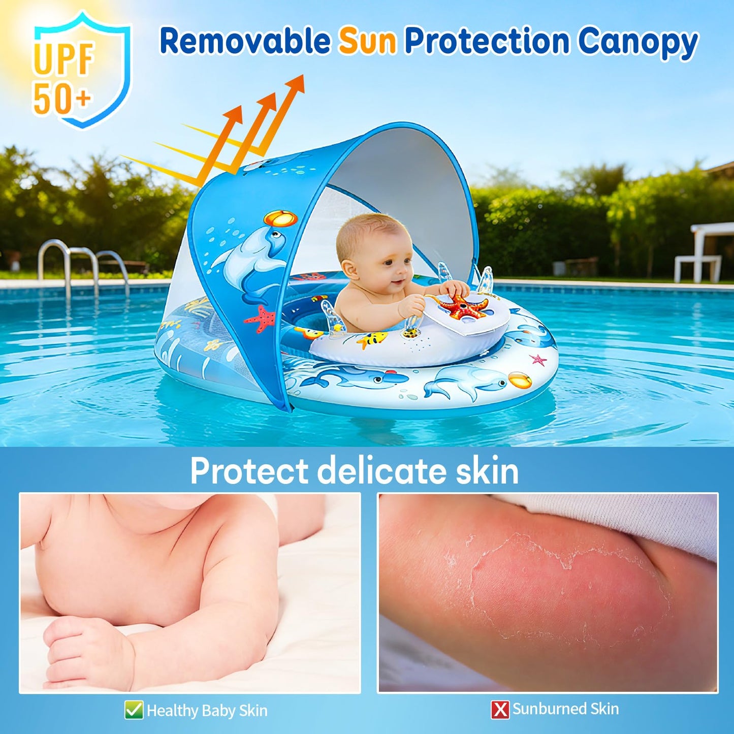 Foxgor Extra Large Baby Pool Float with UPF50+ Canopy, Anti-Flip Double Air Chambers, Adjustable Seat for Infant Toddler 6-36 Months, Ocean Toys | CPC Certified | ASTM F963 | for Pool Beach