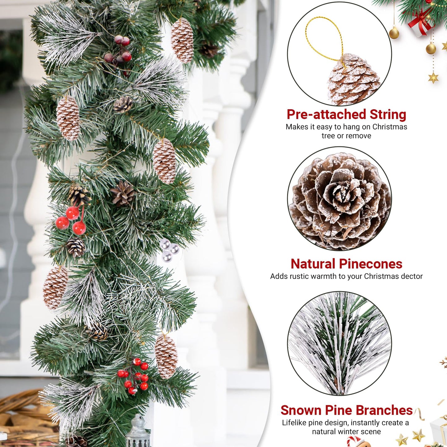 Christmas Decorations Pine Cones, 138PCS Natural Pinecones Berry Pine Branch Snowflake Set, White Christmas Ornaments Indoor Table Decor for Home Winter Decoration, Wreath Making Supplies