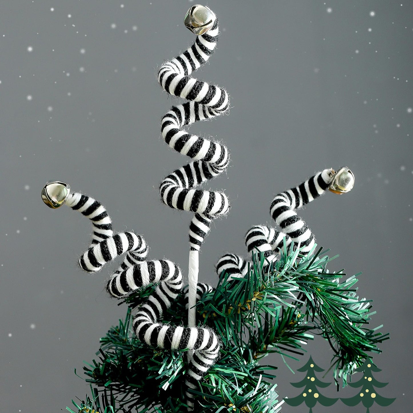 ZHANYIGY 4PC Set Black/White Christmas Tree Picks Christmas Tree Decoration Woolen Bells Curly Pick, Halloween Decoration Home Office Paty Ornaments