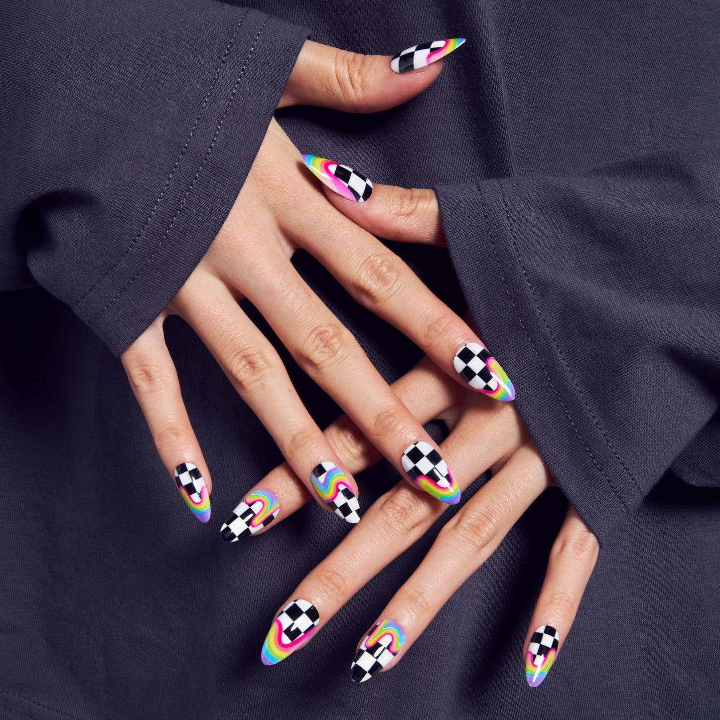 GLAMERMAID Rainbow Press on Nails Medium Almond, Y2K Rainbow Crush Gel Glue on Nail with Checkerboard Color, Glossy Short Stiletto Reusable Fake Nails, Acrylic False Nails Manicure Kit for Women