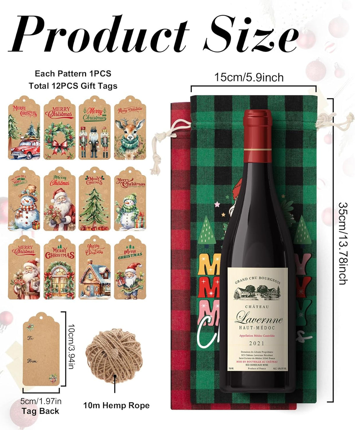 12PCS Burlap Wine Bag Christmas Wine Gift Bags, Drawstring Retro Christmas Bottle Cover Gift Bag w/ Tag, Buffalo Plaid Wines Bags for Bottles Gifts Reusable Bottle Covers for Xmas Holiday Party Decor