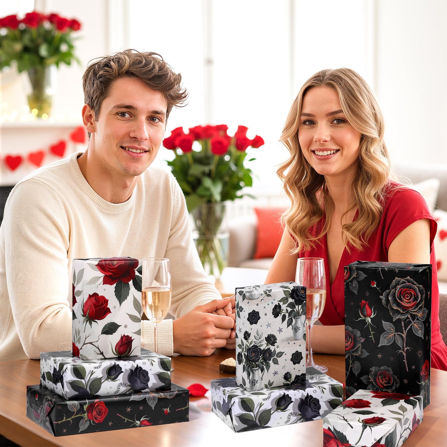 Liobelon Gothic Rose Wrapping Paper - 12 Sheets Dark Black & Red Roses Designs, Horror Goth Aesthetic Flower Gift Wrap for Gothic Birthday, Mother's Day, Wedding, Anniversary, 19.7 x 27.6 In.