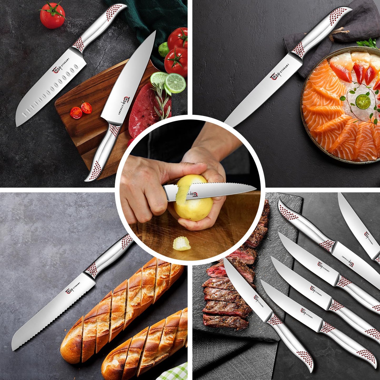 SYOKAMI Japanese Knives Set for Kitchen, Magnetic Knife Set with Block and Sharpener, Stainless Steel Knife Set as Gift for Couple, Wedding, Women or Mom with Gift Box, 14 PCS Red Dot