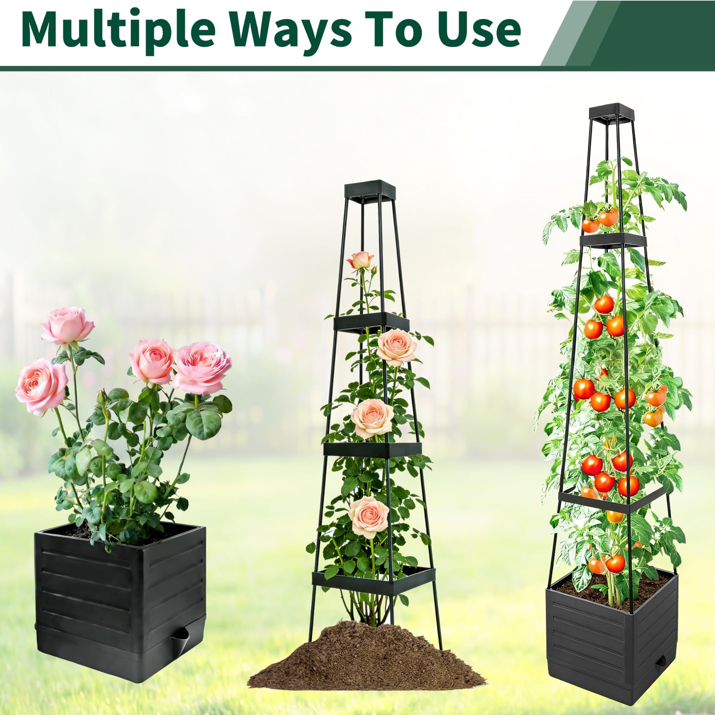 SYITCUN Tomato Planter with Trellis, 57 Inch Self-Watering Planter Box 2-Pack, Grey Planter with Metal Support for Outdoor Indoor Climbing Plants