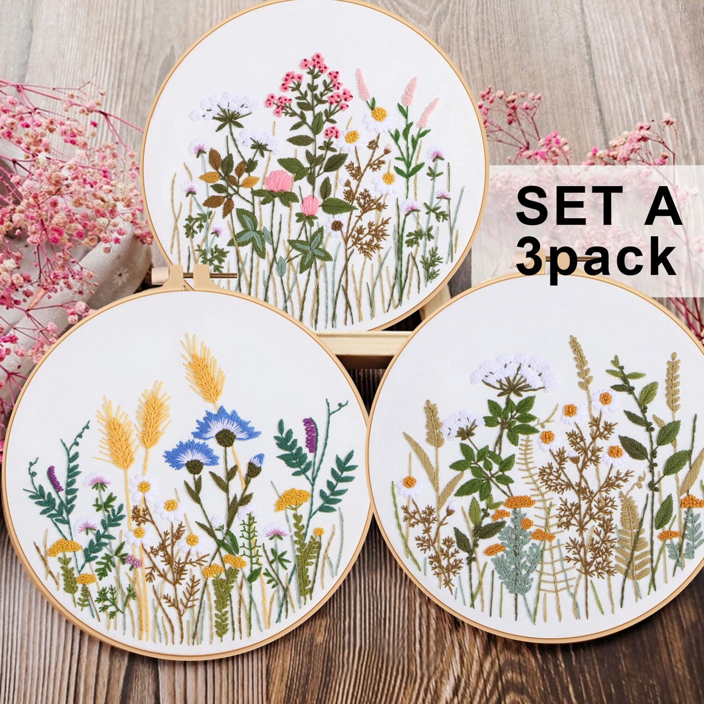 Lukinbox 3 Sets Embroidery Kit for Beginners, Fabric Cross Stitch Kits for Adults, DIY Embroidery Starter Kits with Floral Flower Patterns, Embroidery Hoops, Clothes, Threads and Needles